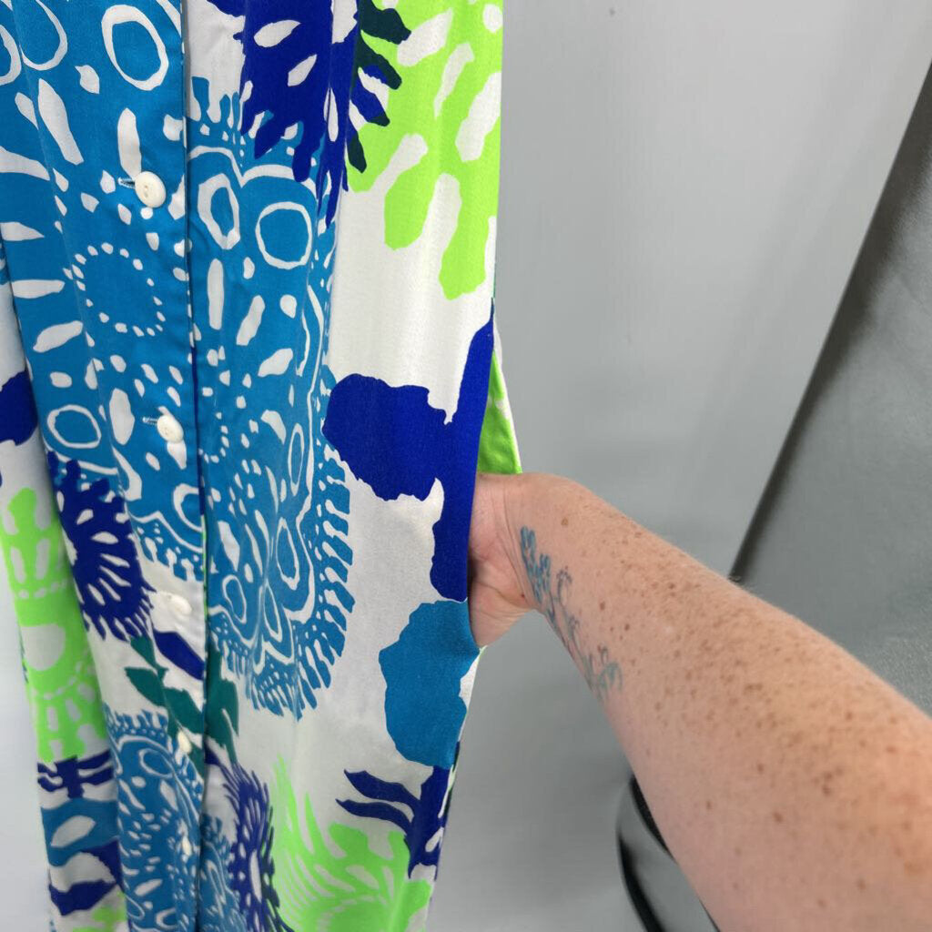 women Kamehameha 1970's Hawaiian Maxi Dress White Blue Green Vintage M/L