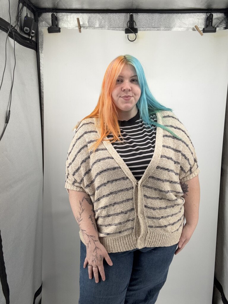 women Free People Rabbit in the Moon Cardigan Sand Navy Sweater L