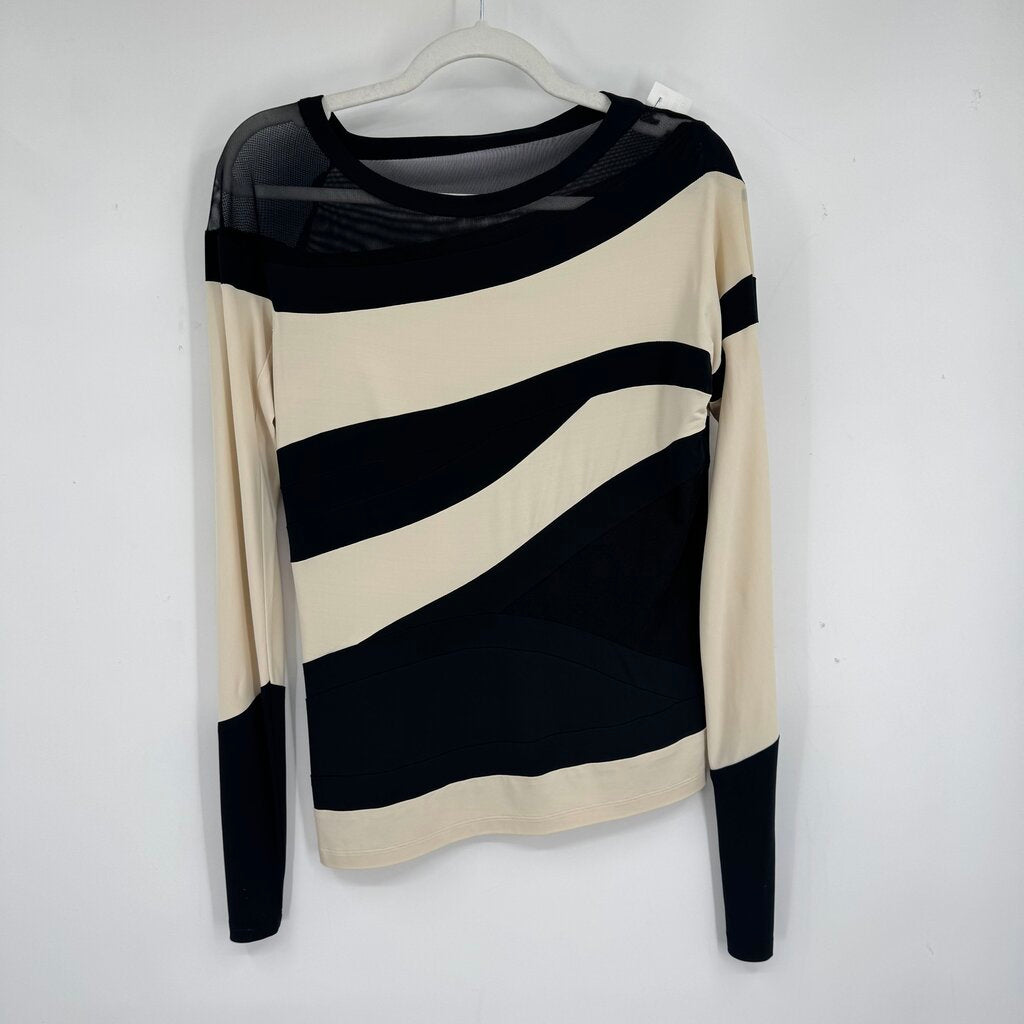 women Donna Karan Spiral Blocked Mesh Panel Cream Black Woven Top L