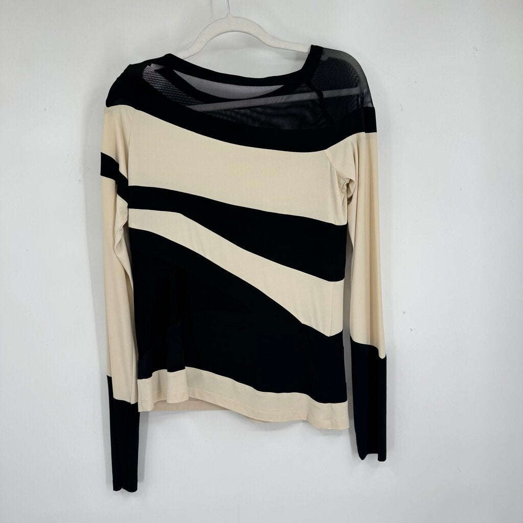 women Donna Karan Spiral Blocked Mesh Panel Cream Black Woven Top L