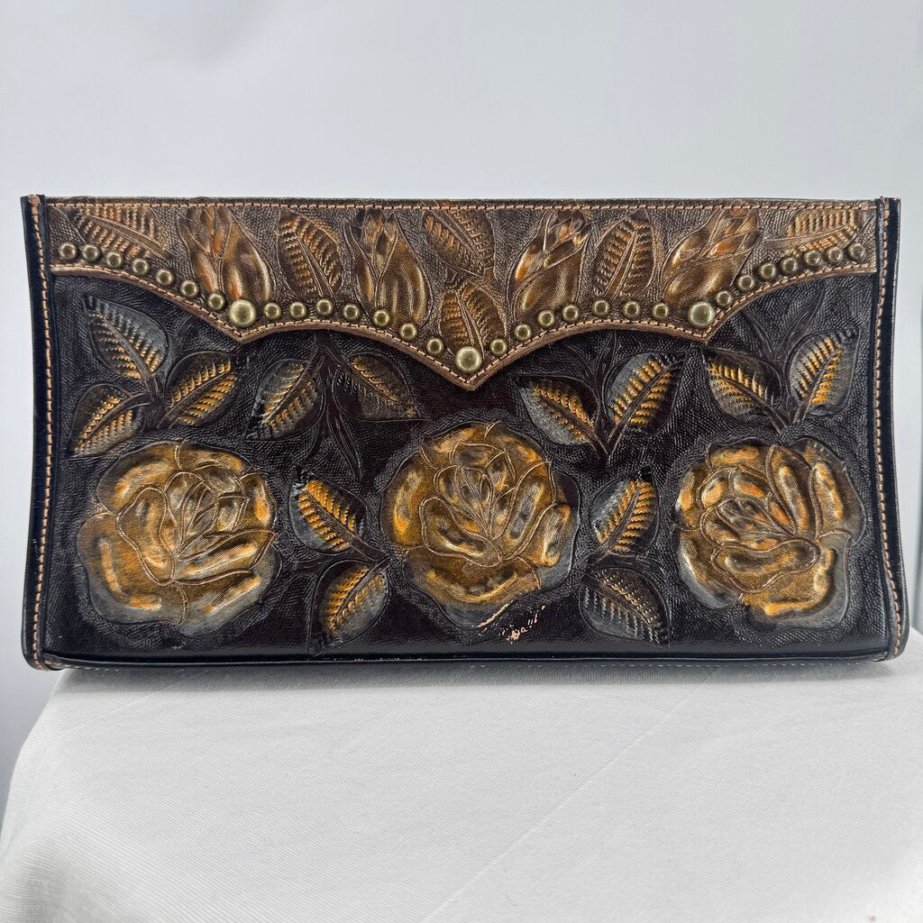 women American West Tooled Leather Clutch Brown and Gold Purse