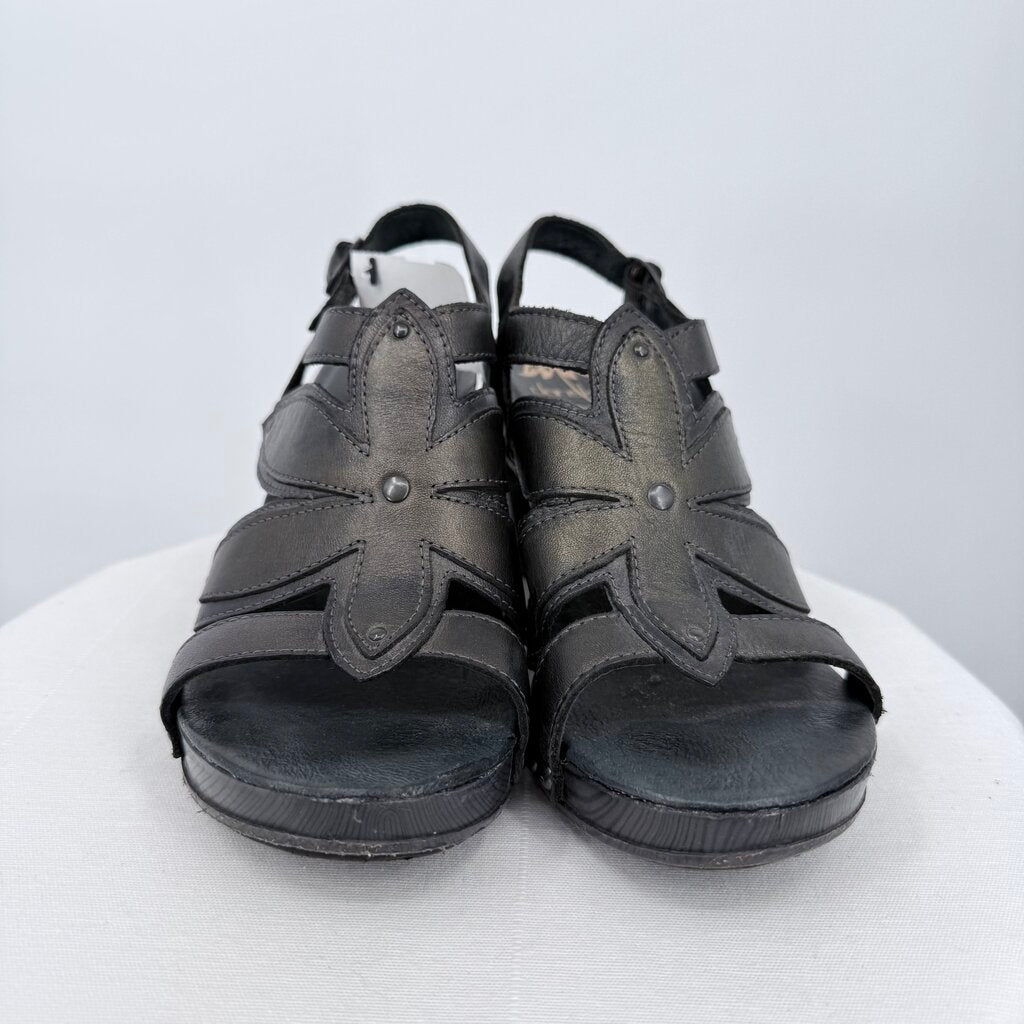 women Dansko Flower Shaped Leather Sandals Black Shoes 38/7.5