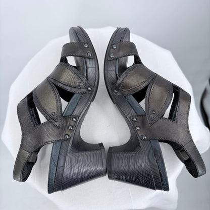 women Dansko Flower Shaped Leather Sandals Black Shoes 38/7.5