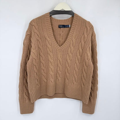women Polo by Ralph Lauren Cropped Cable Knit Wool/Cashmere Camel Sweater S