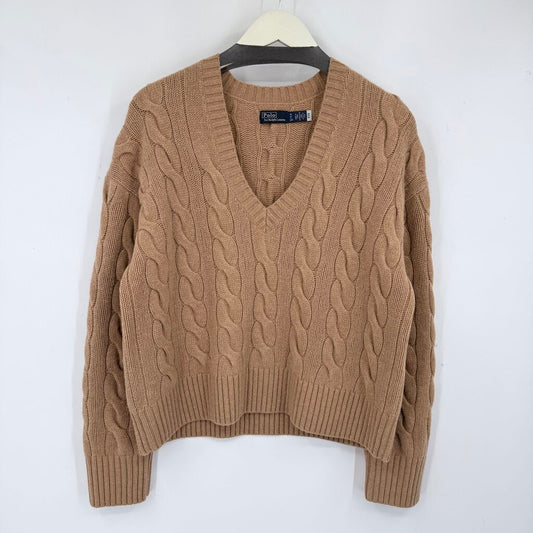 women Polo by Ralph Lauren Cropped Cable Knit Wool/Cashmere Camel Sweater S