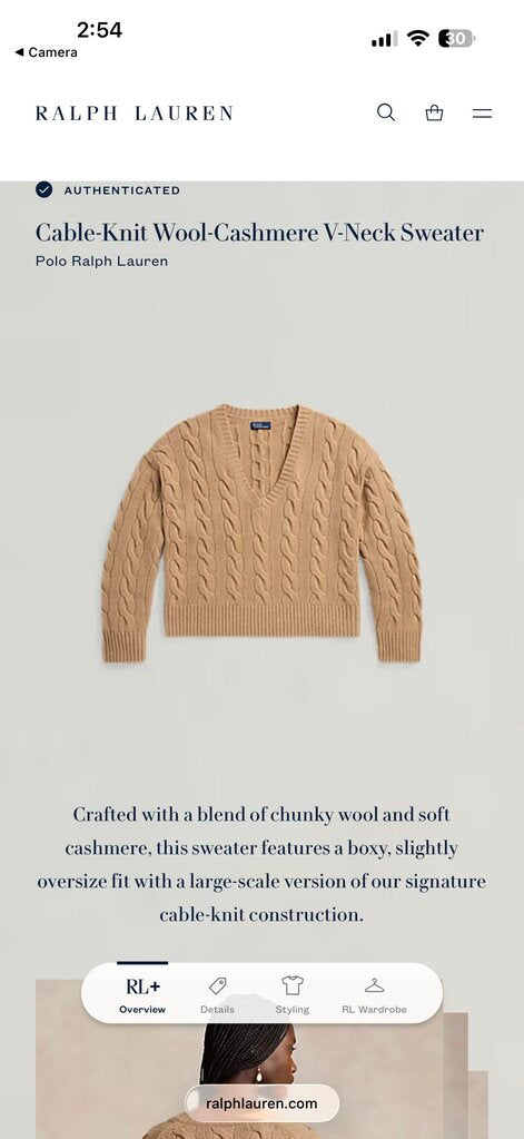 women Polo by Ralph Lauren Cropped Cable Knit Wool/Cashmere Camel Sweater S