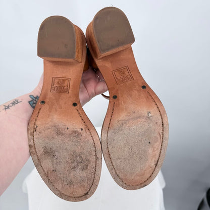 women Frye Brielle Back Zip Leather Sandal Cognac Brown Shoes 8.5