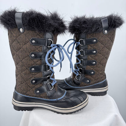 women Sorel Tofino II Herringbone Winter Duck Boot Brown and Black Shoes 7