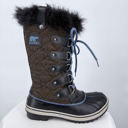 women Sorel Tofino II Herringbone Winter Duck Boot Brown and Black Shoes 7