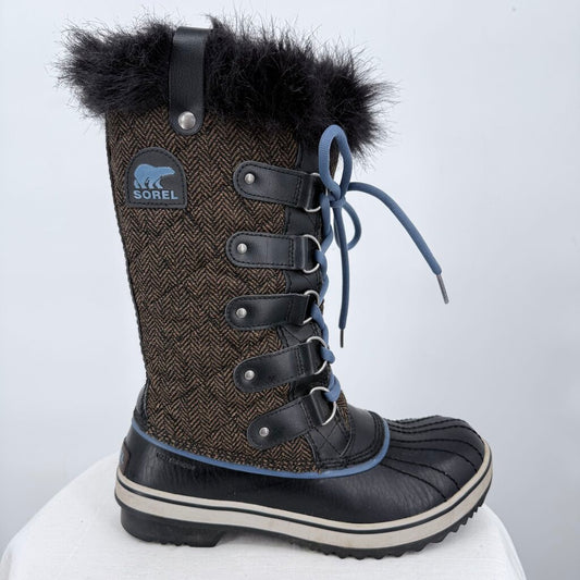 women Sorel Tofino II Herringbone Winter Duck Boot Brown and Black Shoes 7