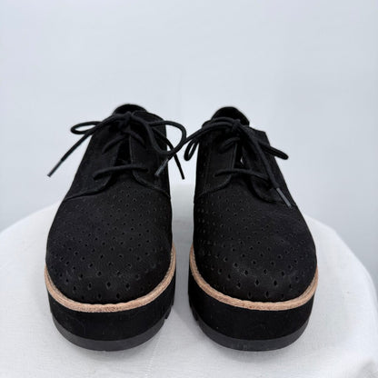 women Eileen Fisher Eddy Perforated Nubuck Leather Platform Oxford Black Shoes 7.5