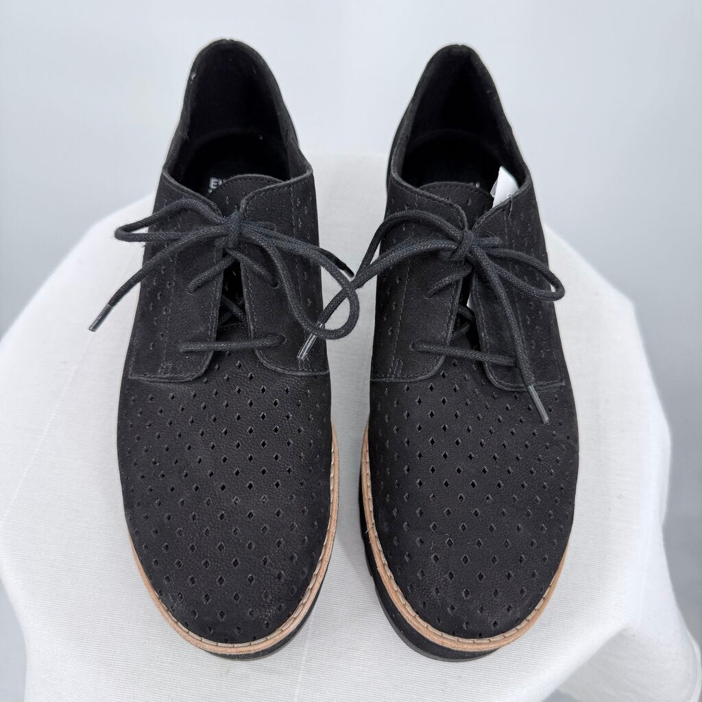 women Eileen Fisher Eddy Perforated Nubuck Leather Platform Oxford Black Shoes 7.5