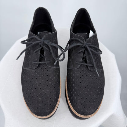 women Eileen Fisher Eddy Perforated Nubuck Leather Platform Oxford Black Shoes 7.5