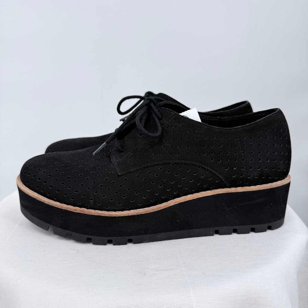 women Eileen Fisher Eddy Perforated Nubuck Leather Platform Oxford Black Shoes 7.5