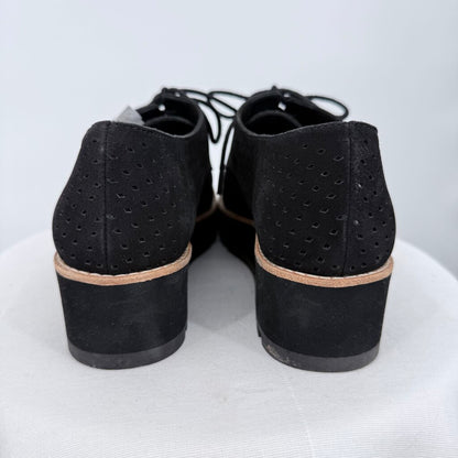 women Eileen Fisher Eddy Perforated Nubuck Leather Platform Oxford Black Shoes 7.5