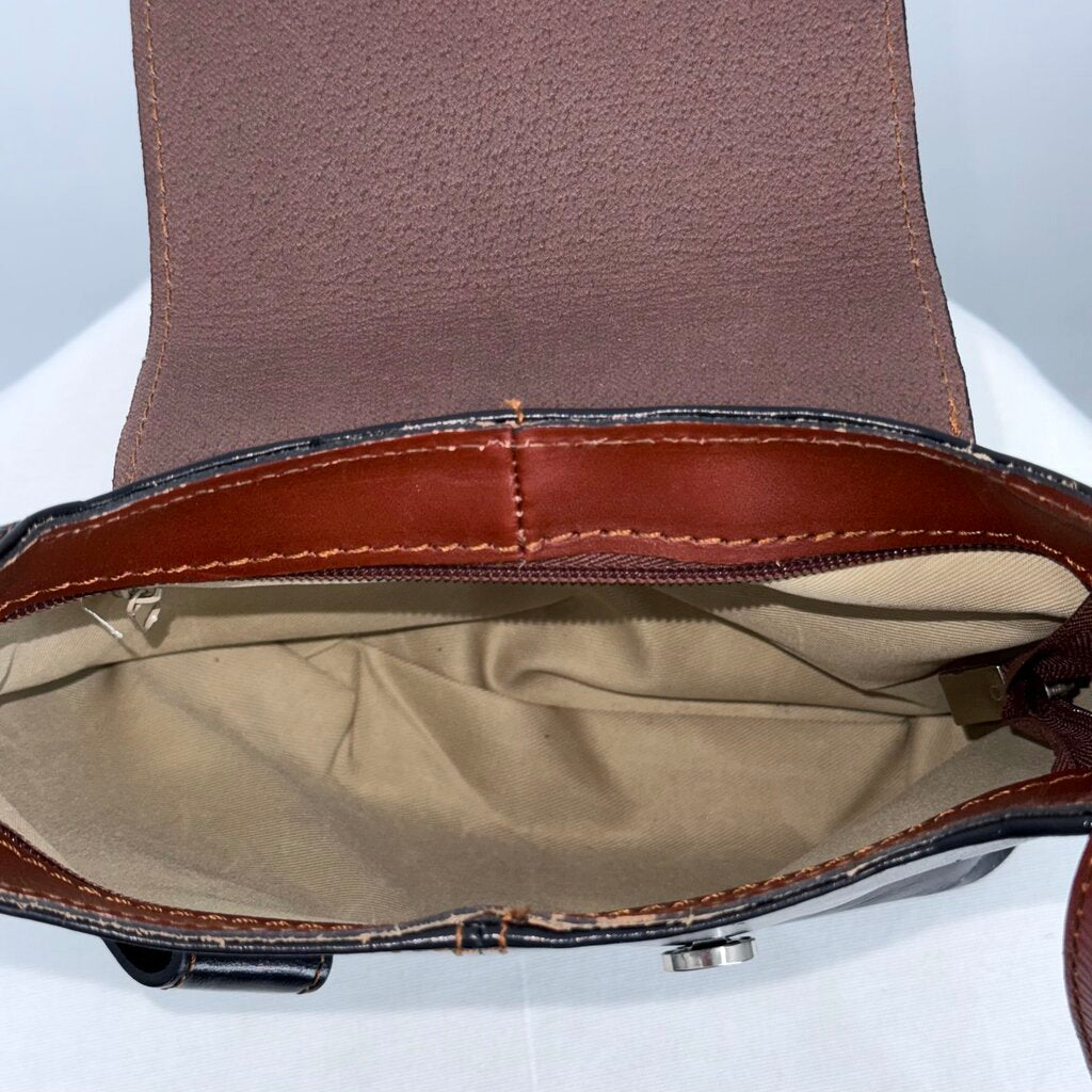 women Vera Pelle Two Tone Leather Crossbody Black Cognac Purse 9.75" x 8.25" x 2.5"