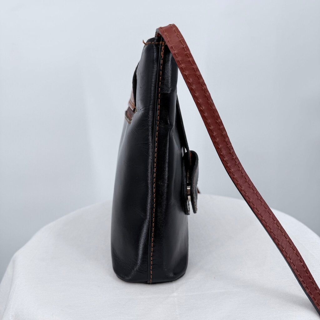 women Vera Pelle Two Tone Leather Crossbody Black Cognac Purse 9.75" x 8.25" x 2.5"