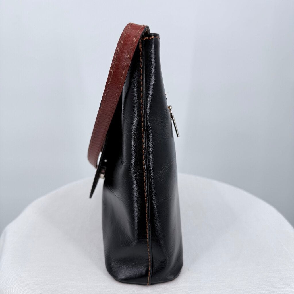 women Vera Pelle Two Tone Leather Crossbody Black Cognac Purse 9.75" x 8.25" x 2.5"