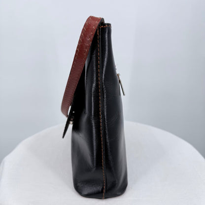 women Vera Pelle Two Tone Leather Crossbody Black Cognac Purse 9.75" x 8.25" x 2.5"