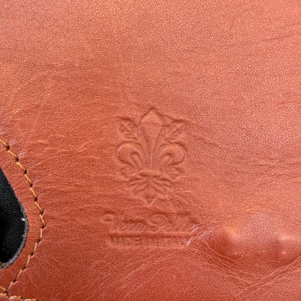 women Vera Pelle Two Tone Leather Crossbody Black Cognac Purse 9.75" x 8.25" x 2.5"