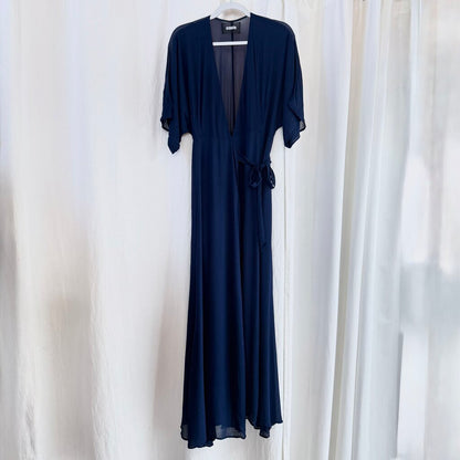 women Reformation Winslow Wrap Navy Blue Dress L
