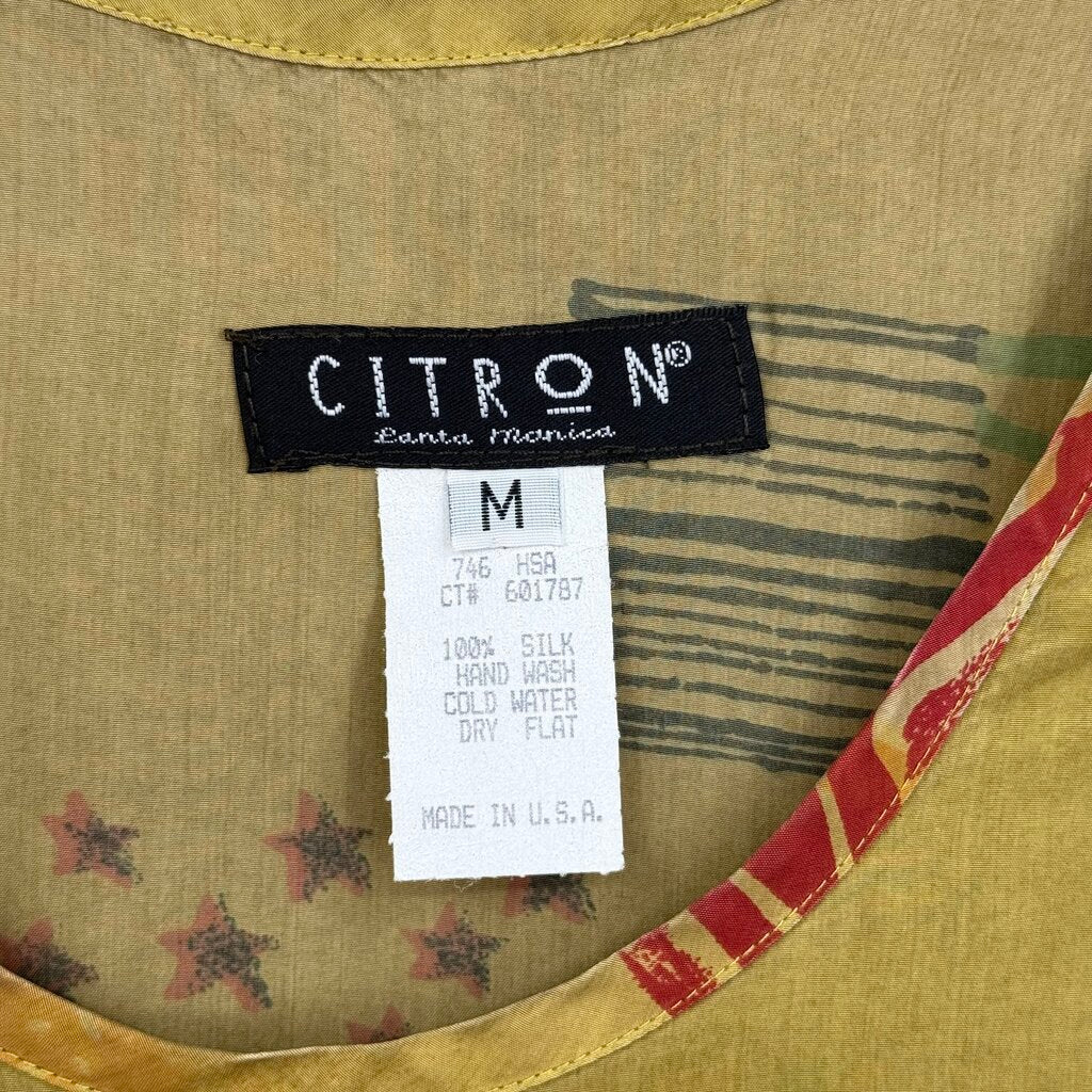 women Citron Santa Monica Rare Sunfellegrino Aranciata Print Silk Maxi AS IS Gray Yellow Multi Dress M