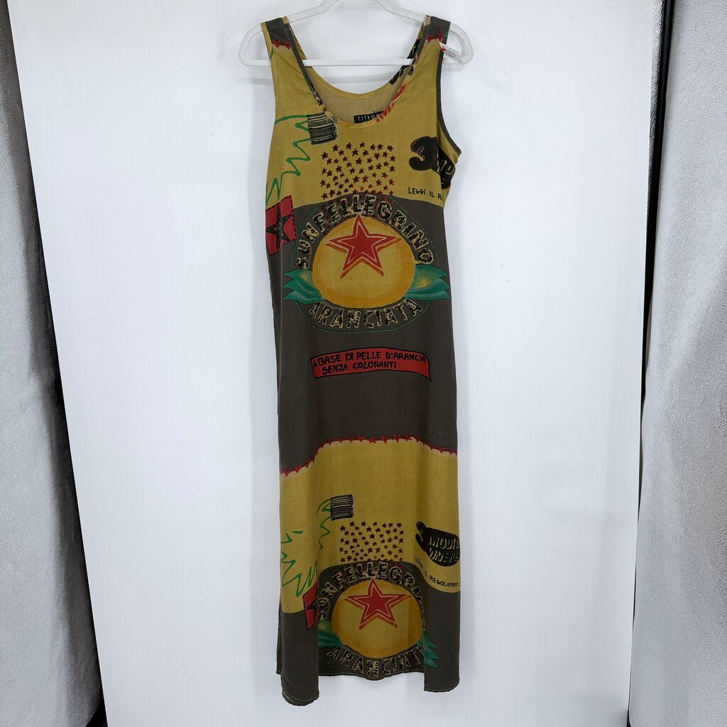 women Citron Santa Monica Rare Sunfellegrino Aranciata Print Silk Maxi AS IS Gray Yellow Multi Dress M