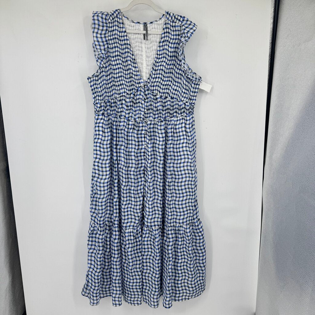 women Anthropologie Peregrine Gingham Midi Bue & White Dress 1X