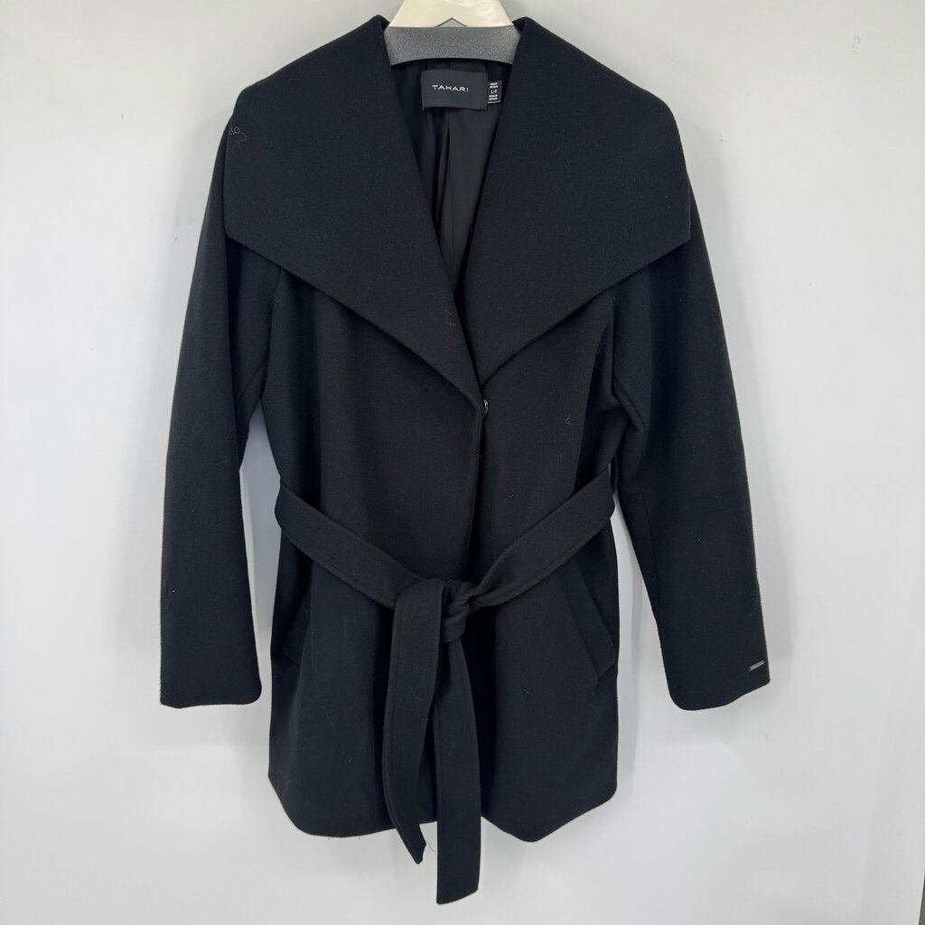 women Tahari Large Collar Belted Black Coat L