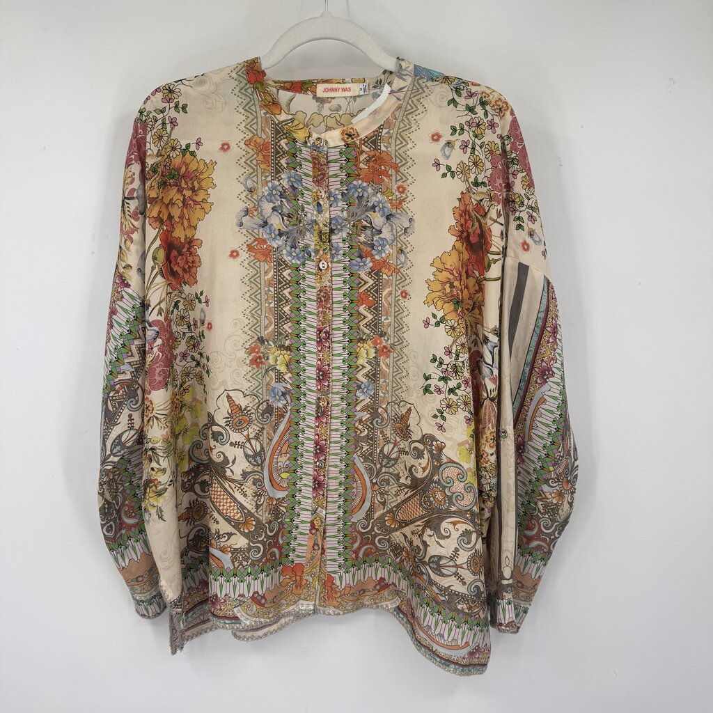 women Johnny Was Silk Floral Blouse Tan Orange Multi Woven Top M