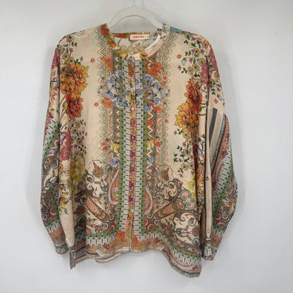 women Johnny Was Silk Floral Blouse Tan Orange Multi Woven Top M