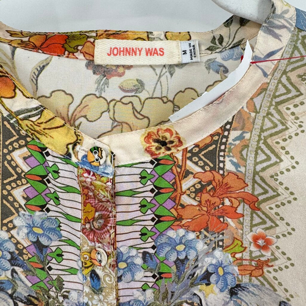 women Johnny Was Silk Floral Blouse Tan Orange Multi Woven Top M