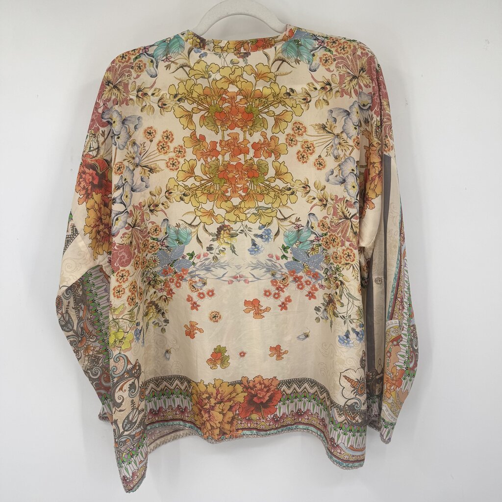 women Johnny Was Silk Floral Blouse Tan Orange Multi Woven Top M