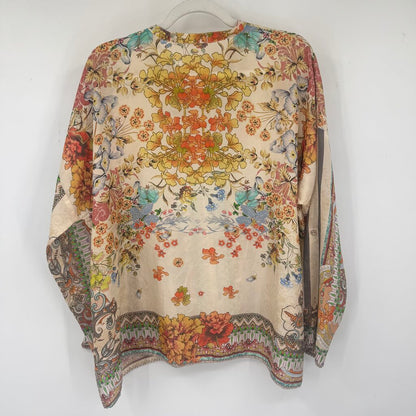 women Johnny Was Silk Floral Blouse Tan Orange Multi Woven Top M