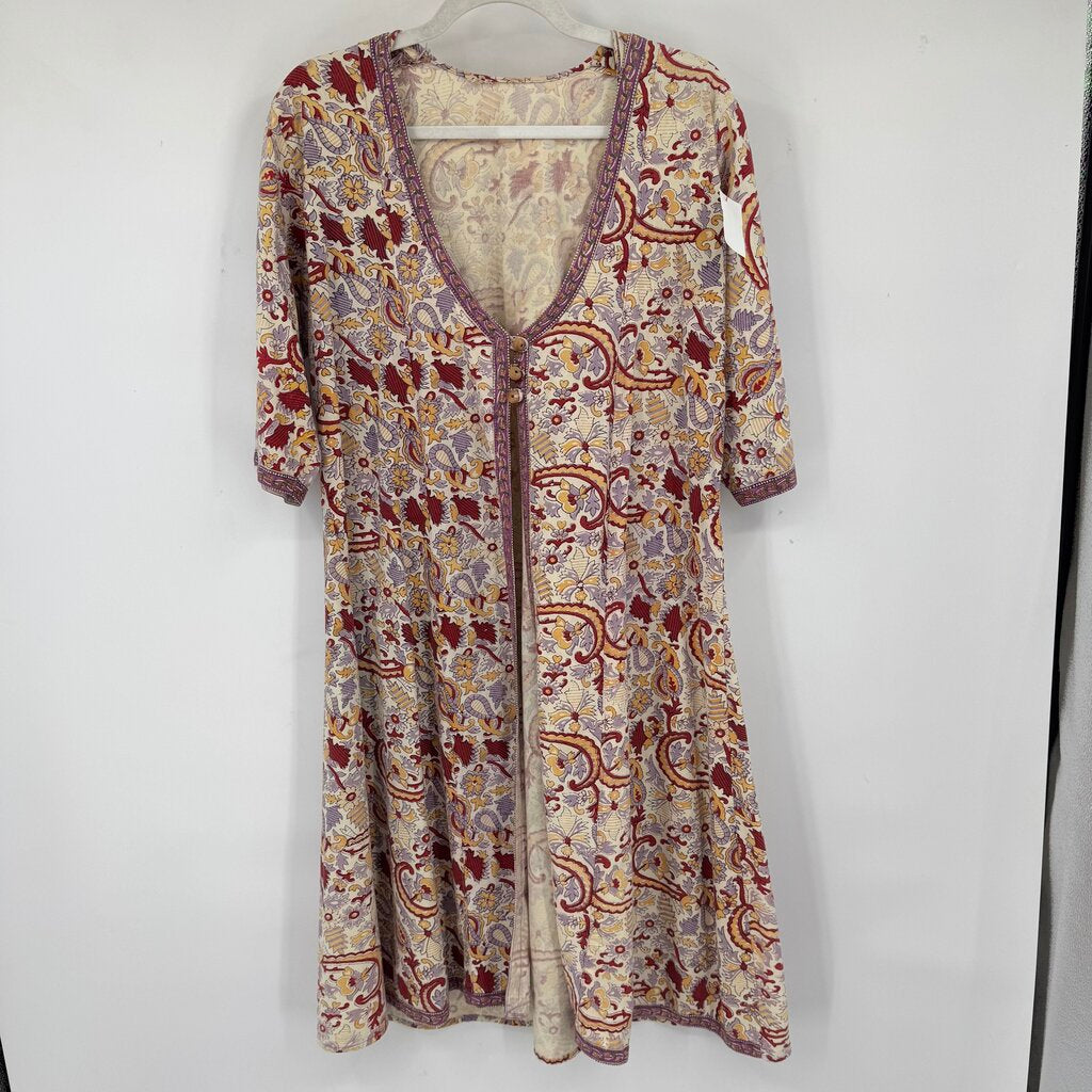 women Homemade Cotton Printed Kaftan Cream Red Purple Multi Woven Top M-L