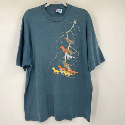 unisex Hanes Beefy-T Vintage 90's Single Stitch Thunder Tee Blue Multi Knit Top XL