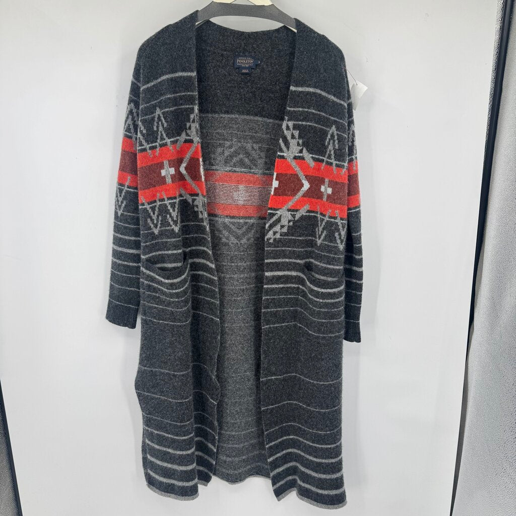 women Pendleton Lambswool Duster Cardigan Charcoal Orange Sweater S