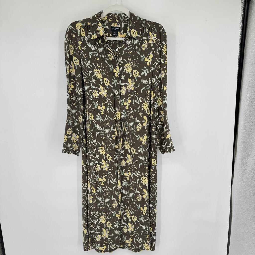 women Club Monaco Silk Floral Shirtdress Olive Green Yellow Dress XS
