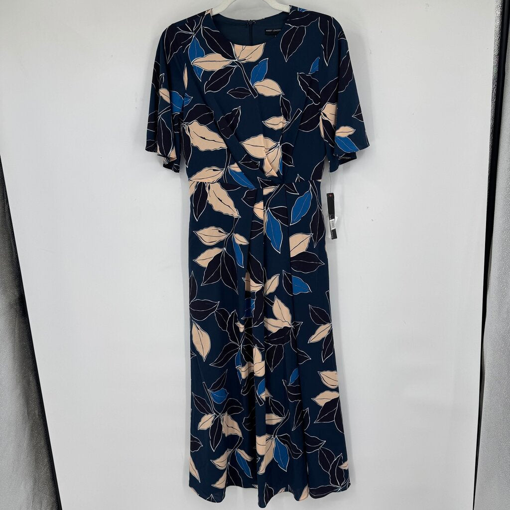women Maggy London NWT Leaf Print Midi Navy Blue Pink Dress 2