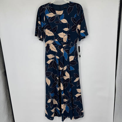 women Maggy London NWT Leaf Print Midi Navy Blue Pink Dress 2