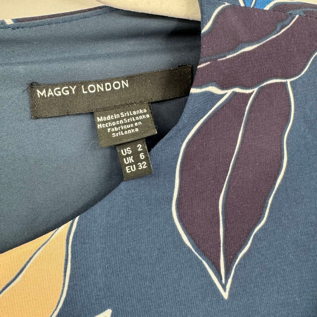 women Maggy London NWT Leaf Print Midi Navy Blue Pink Dress 2