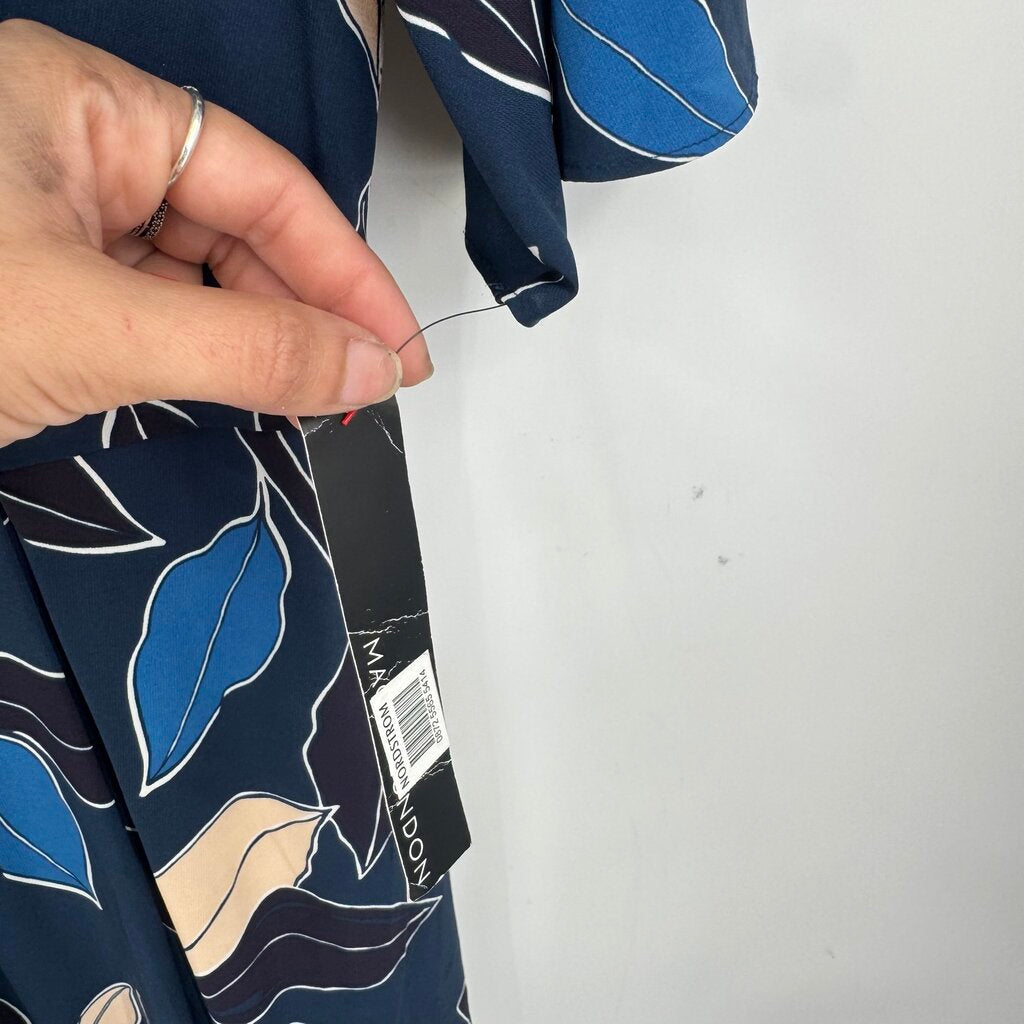 women Maggy London NWT Leaf Print Midi Navy Blue Pink Dress 2