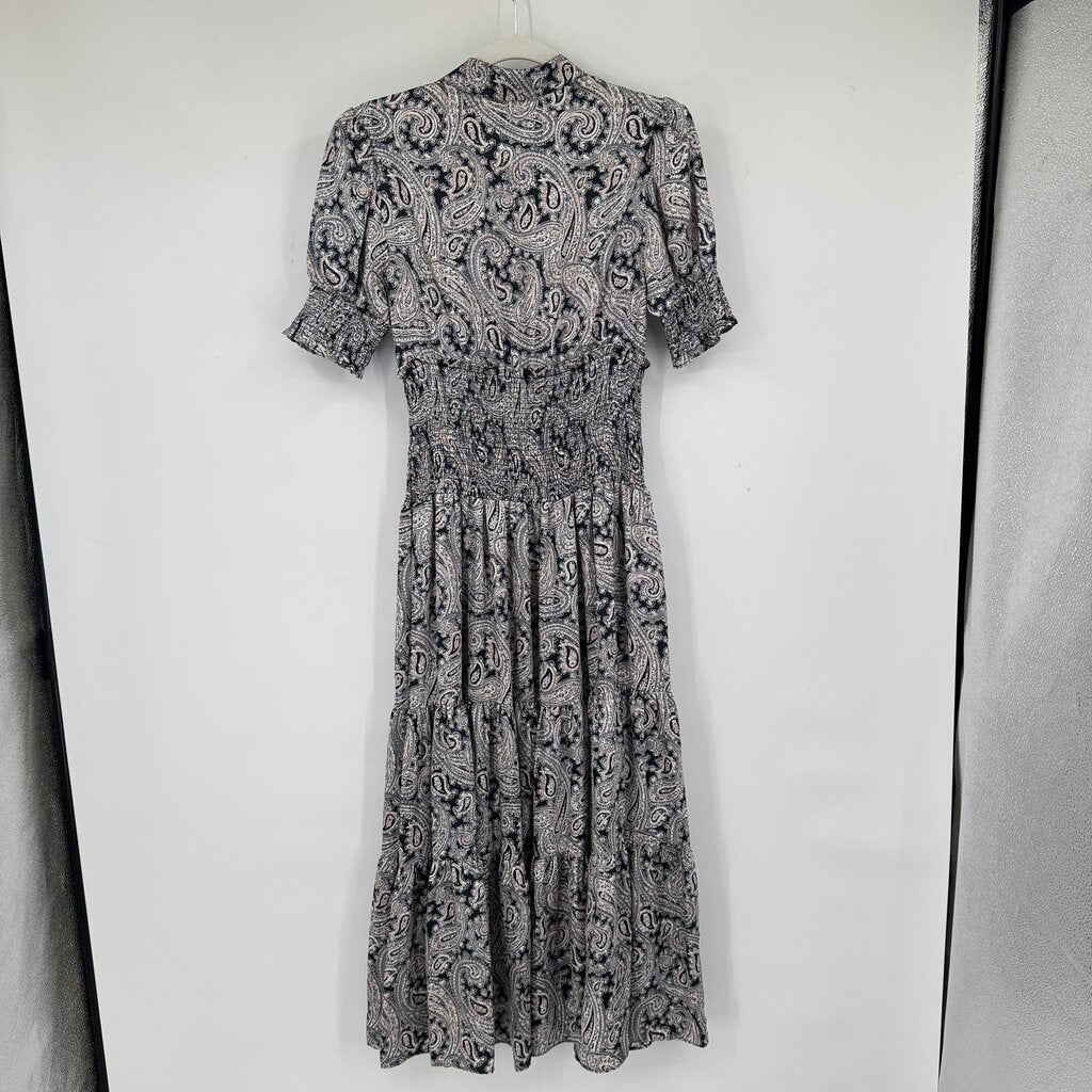 women Cinq a Sept Delancey Paisley Midi Navy White Pink Dress 0