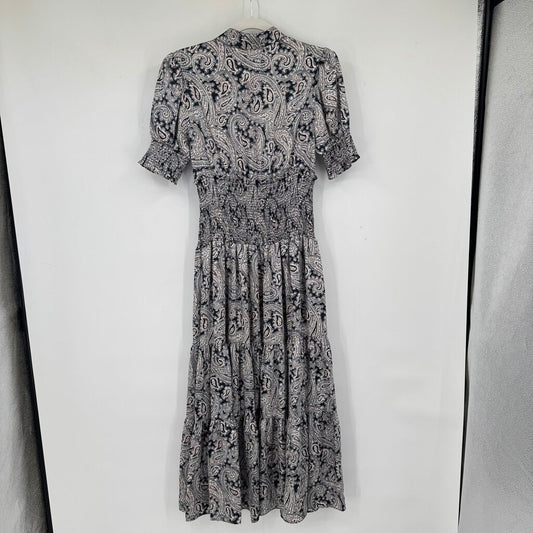 women Cinq a Sept Delancey Paisley Midi Navy White Pink Dress 0