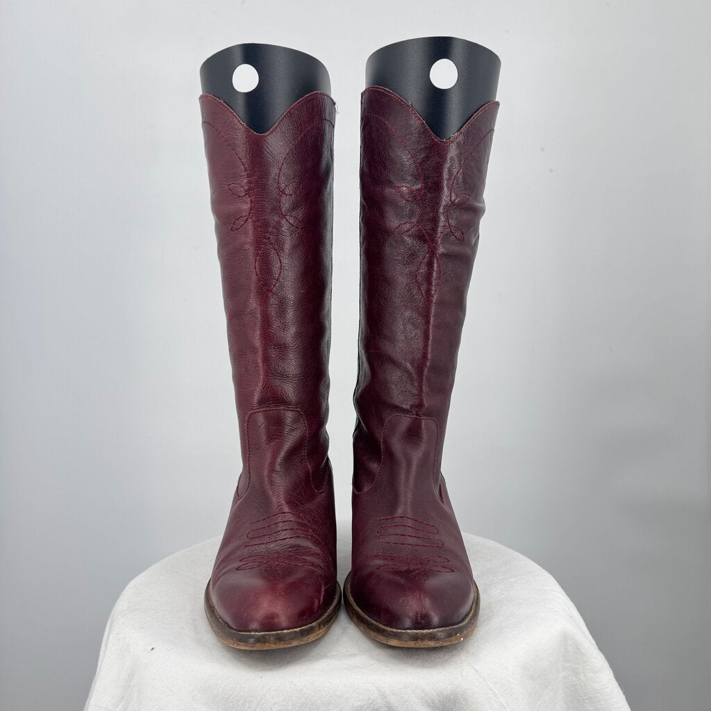 women Alohas Tall Leather Western Boots Wine Shoes 38/7-7.5
