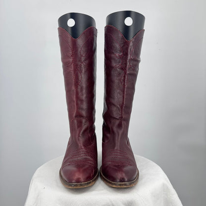 women Alohas Tall Leather Western Boots Wine Shoes 38/7-7.5