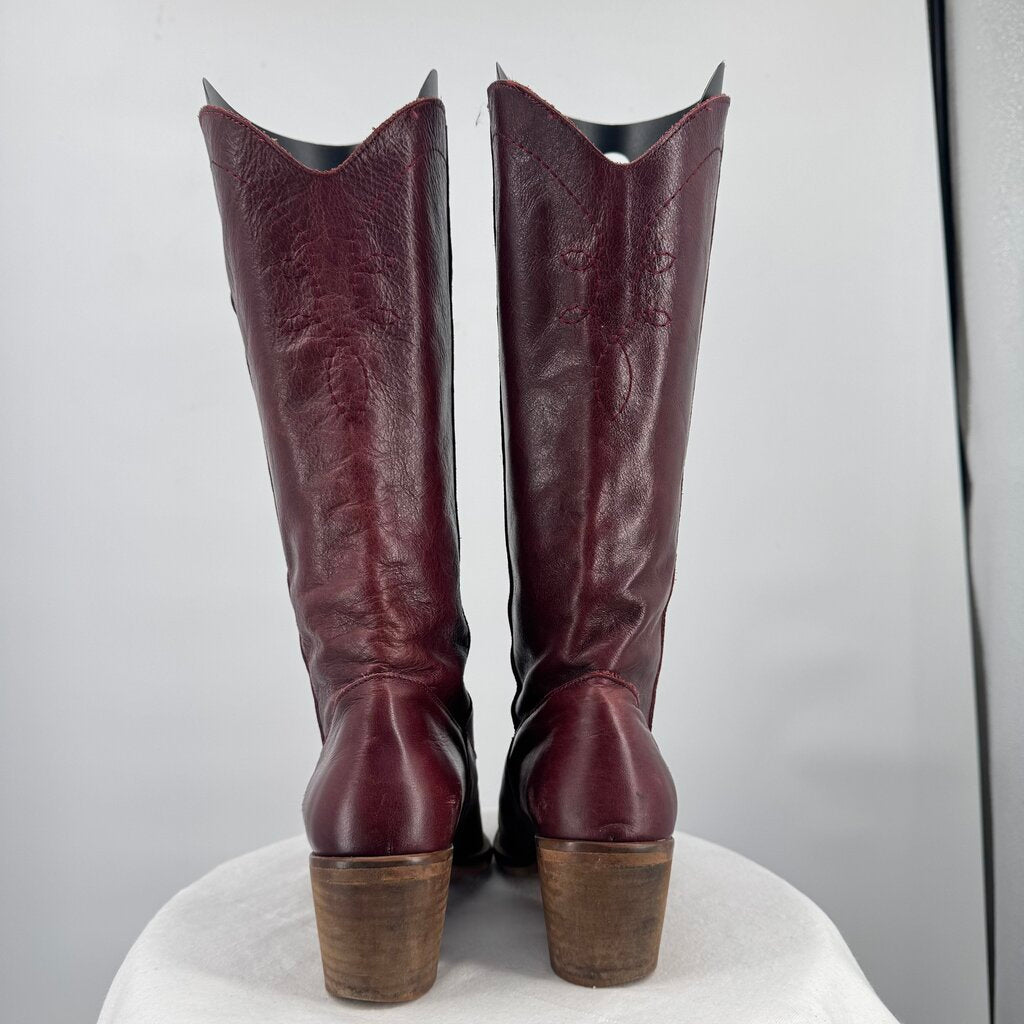 women Alohas Tall Leather Western Boots Wine Shoes 38/7-7.5