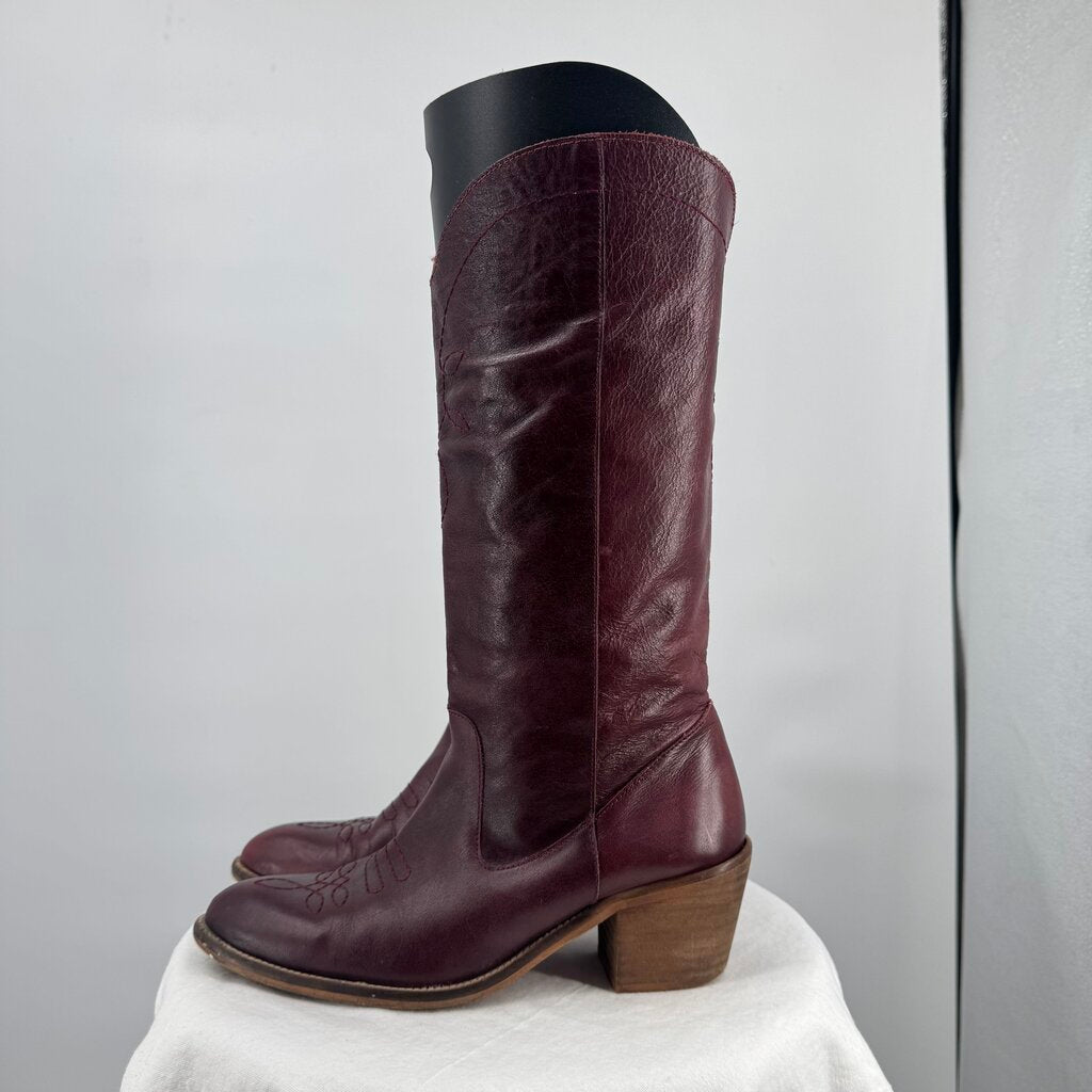 women Alohas Tall Leather Western Boots Wine Shoes 38/7-7.5