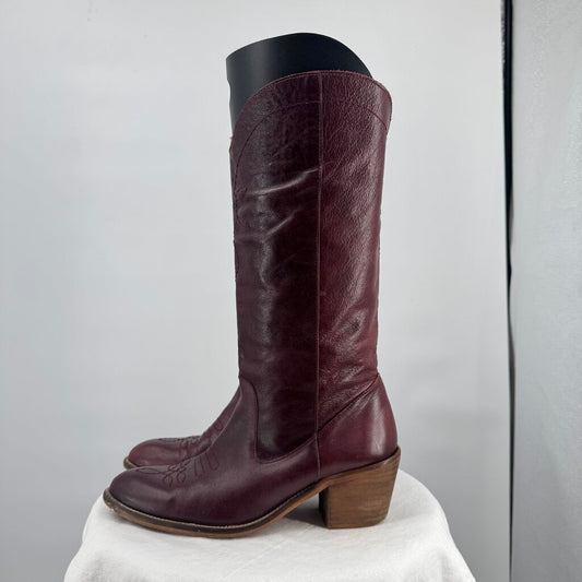 women Alohas Tall Leather Western Boots Wine Shoes 38/7-7.5