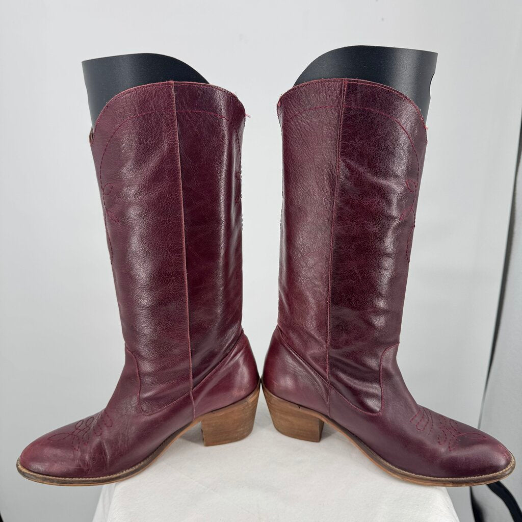 women Alohas Tall Leather Western Boots Wine Shoes 38/7-7.5
